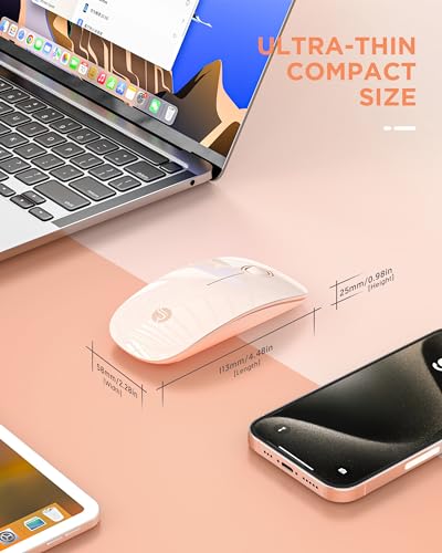 RAPIQUE Bluetooth Wireless Mouse - (BT5.1+2.4GHz) Slim Dual Mode, Pink | Quiet clicks, Low Power, 1600 DPI, USB-A Receiver, Portable design, Works with MacBook, Laptop, iPad Pro/Air and Tablet - color: Pink