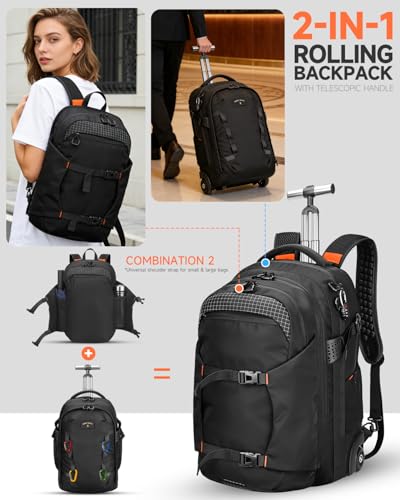 Rolling Backpack, 56L Large Backpacks with Wheels-Splits into Daypack & Laptop Backpack Fits 17 Inch Laptop,Water-Resistant & Carry-On Friendly for College,travel,camping,Weekender Hiking Black - color: Black, style: Rolling Backpack