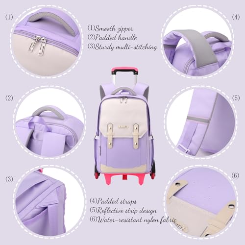 Purple Rolling Backpack for Girls Kids Roller Backpack with Wheels for Girls, Trolley School Bags for Primary Students, Kids Wheeled Bookbags on 6 Wheels, Purple - color: 6 Wheels Purple