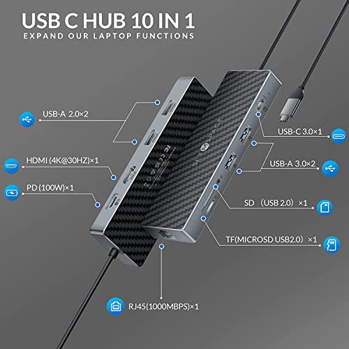USB C Docking Station, Laptop Docking Station 10 in 1 with Ethernet 1000M, USB C Hub HDMI, PD 100W, TF/SD Reader, USB C 3.0, 4 USB A for MacBook Pro/Air, Surface, iPad, Cable Length: 7.87in - size: 10 Ports (RJ45, HDMI, PD, SD, TF, USB-C, USB-A)