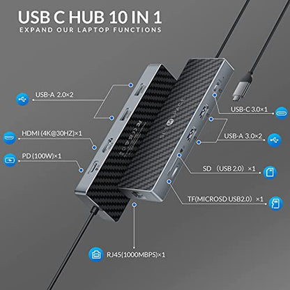 USB C Docking Station, Laptop Docking Station 10 in 1 with Ethernet 1000M, USB C Hub HDMI, PD 100W, TF/SD Reader, USB C 3.0, 4 USB A for MacBook Pro/Air, Surface, iPad, Cable Length: 7.87in - size: 10 Ports (RJ45, HDMI, PD, SD, TF, USB-C, USB-A)