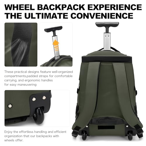 Boavan Rolling Backpack,17 inch Water Resistant Wheeled Backpack,Carry on Luggage Business Bag, Overnight College Computer bag Trolley Suitcase for Men Women Adults to Travel，Green - color: Green, size: 17.3 inches