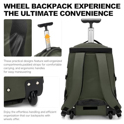Boavan Rolling Backpack,17 inch Water Resistant Wheeled Backpack,Carry on Luggage Business Bag, Overnight College Computer bag Trolley Suitcase for Men Women Adults to Travel，Green - color: Green, size: 17.3 inches