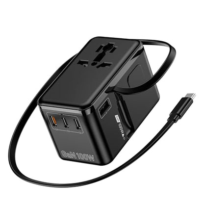 100W GaN Universal Travel Adapter - 6-in-1 International Plug Adapter Wall Charger for 200+ Countries, Built-in USB-C Cable Multi Port Fast Charging Worldwide - US/EU/UK/AUS