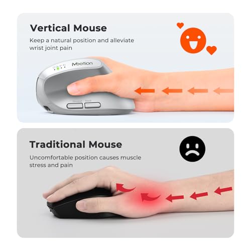 MEETION Ergonomic Vertical Mouse, Wireless Bluetooth Mouse - White | Rechargeable mouse with dual Bluetooth 5.2 and USB, 4 DPI levels (800–2400), compatible with Windows, Mac, PC and iPad - color: Right Gray