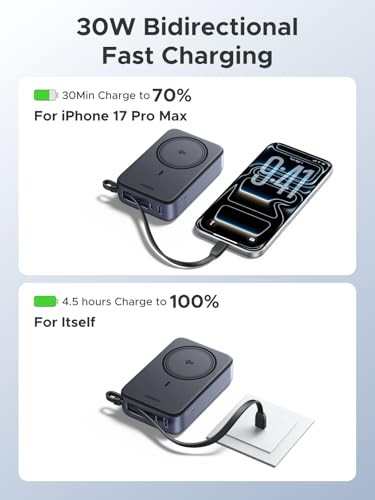 UGREEN 20000mAh Wireless Power Bank with 30W PD Fast Charging and Qi2 15W, Portable Battery Pack for iPhone with Built-in USB-C Cable, External Portable Battery Compatible with iPhone 17/16/15, Galaxy