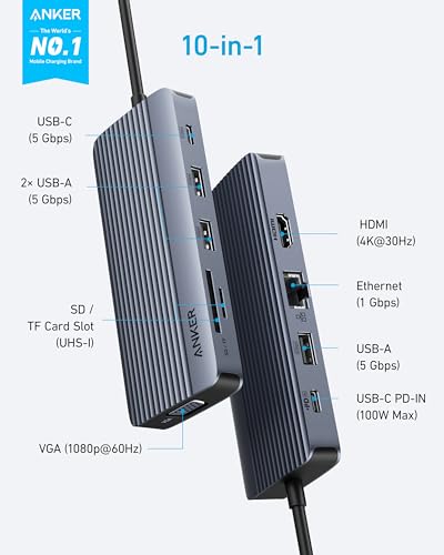 Anker USB-C Hub, 10-in-1 USB-C Hub, Dual-Display with 4K HDMI and 1080p VGA | 85W Max PD, 1 5Gbps USB-C and 3 5Gbps USB-A Data Ports, SD/TF Card Reader, 1 Gbps Ethernet, for Dell XPS, Vostro and More - style: 10-in-1【1 HDMI+1 VGA】