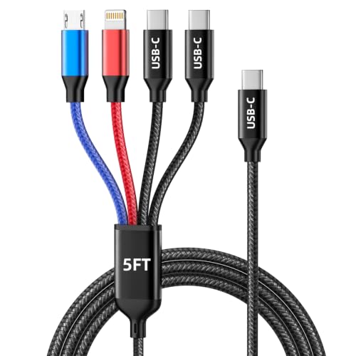 4-IN-1 USBC Multi Charging Cable, 5FT Phone Charger Cord Travel Essentials | Universal Charger with 2xType-C/L/Micro USB Ports, Braided Travel Charger for iPhone17-8, Android, More, USB C Carplay Cable - color: Blue+Red+Black, size: 1Pack 5FT