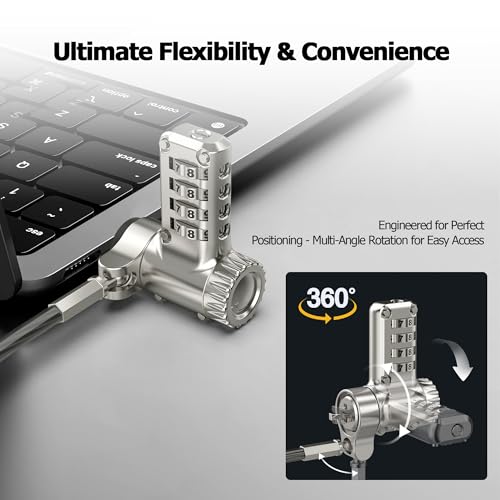AboveTEK 3-in-1 Universal Laptop Cable Lock - Professional Laptop Security Combination Lock Compatible with K-Slot, Nano & Wedge Slot - Resettable 4-Digit Steel Locking Cable with 360° Rotating Head