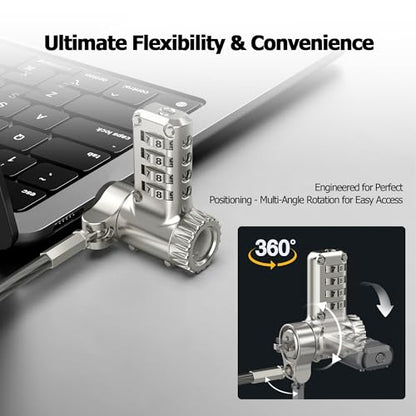 AboveTEK 3-in-1 Universal Laptop Cable Lock - Professional Laptop Security Combination Lock Compatible with K-Slot, Nano & Wedge Slot - Resettable 4-Digit Steel Locking Cable with 360° Rotating Head