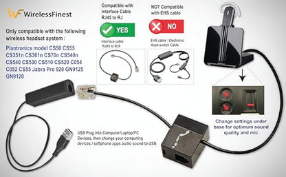 RJ9 Plug to USB Headset Adapter Compatible with Plantronics Jabra Sennheiser Wireless DECT Headsets for Use with Computers PC Laptop Mac Tablet Window Softphones Devices