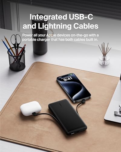 Belkin Portable Charger Power Bank for iPhone/Android (10,000mAh), 23W Battery Pack with Integrated USB-C, Lightning Cables, Pass-Through Capability, Charge 2 Devices at Once, Phone Charger Power Bank - color: Black