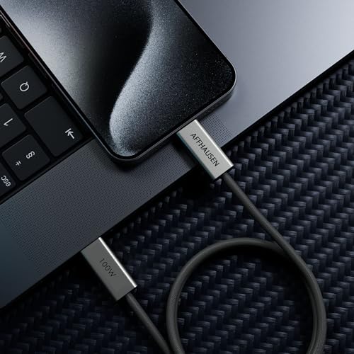 AFFHAUSEN USB-C to USB-C Cable 6.5ft, 100W Fast Charging, Braided, White | USB-C to USB-C | 100W Power Delivery | Braided Nylon | White | Universal — Laptops, Phones & Tablets - size: 6.5FT