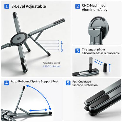 Portable Laptop Stand, 3-in-1 Magnetic Foldable Adjustable, for Desk（Gray） | Aluminum alloy, lightweight compact, 8-level height, ergonomic, for phone/tablet, home office/travel - color: E05-Silver