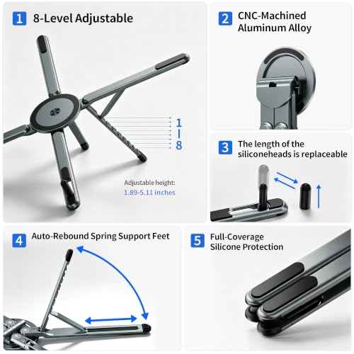 Portable Laptop Stand, 3-in-1 Magnetic Foldable Adjustable, for Desk（Gray） | Aluminum alloy, lightweight compact, 8-level height, ergonomic, for phone/tablet, home office/travel - color: E05-Silver