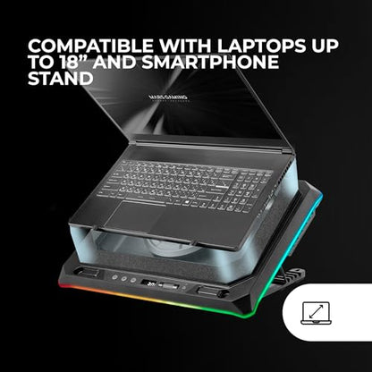 Mars Gaming MNBC Ultra, Cooling Base and Stand, 140 mm Fan, CoolCore Airflow Technology, RGB Chroma, 5 Positions, Compatible with Laptops up to 18 Inches, Smartphone Holder, 4 x USB-A, Black