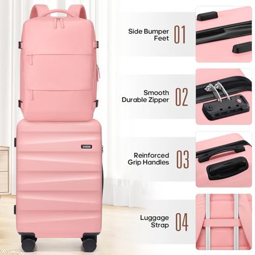 UKEIN Luggage Set with Backpack,Hardshell Carry On Luggage Airline Approved | 20inch Suitcase Set with 360° Smooth Spinner Wheels,TSA Lock,YKK Zippers,Lightweight 3 Piece,Polycarbonate - color: Pink, size: Carry On 3 Piece Set (20inch)