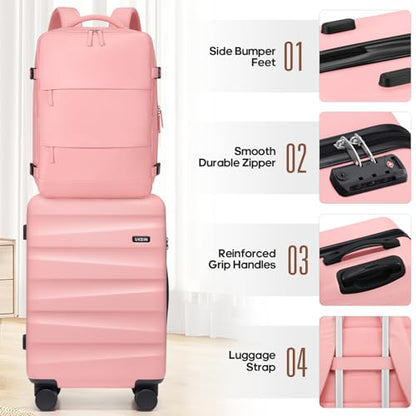 UKEIN Luggage Set with Backpack,Hardshell Carry On Luggage Airline Approved | 20inch Suitcase Set with 360° Smooth Spinner Wheels,TSA Lock,YKK Zippers,Lightweight 3 Piece,Polycarbonate - color: Pink, size: Carry On 3 Piece Set (20inch)