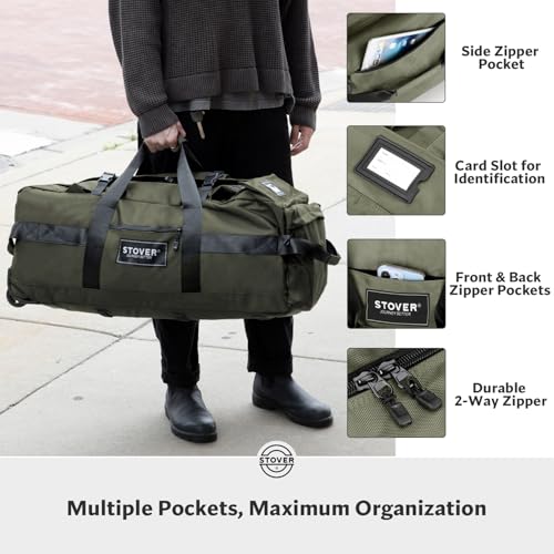 45/80/100L Rolling Duffel Bag with Wheels, X-Large Durable Travel Duffle + Toiletry Bag, Heavy Duty, Packable with Shoulder Straps- Use as Luggage or Backpack, Men/Women (Green) - color: Green