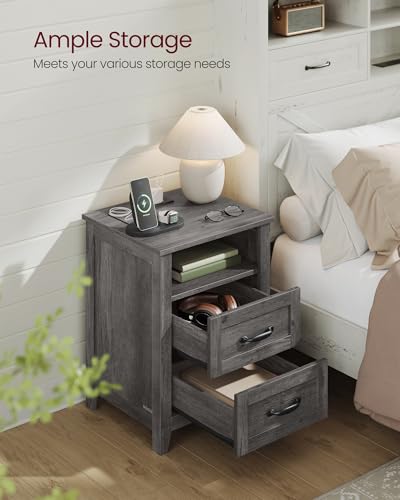 VASAGLE LIRY Collection - Farmhouse Nightstands with Charging Station, Set of 2 Bedside Tables, Side Tables with 2 Drawers, Open Compartment, for Bedroom, Misty Gray ULET869G01 - color: Misty Gray, size: 2 PACK, style: 17.7"W x 23.6"H With 2 Drawers