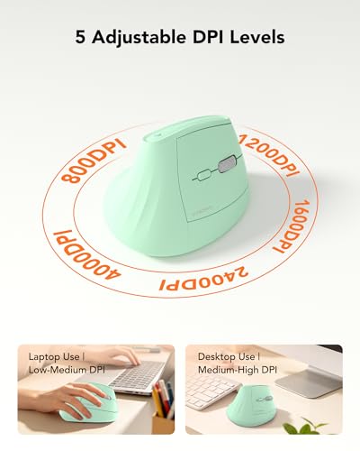 KYSONA Ergonomic Mouse Wireless, Bluetooth Vertical Mouse, 5-Level Adjustable DPI, 2.4G Silent Switch Mice for Windows, MacOS, IPadOS, Laptop, PC, Green - color: Green