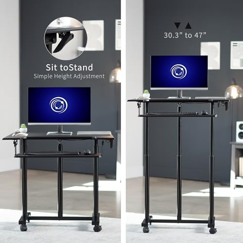 VIVO Mobile Height Adjustable Table, Stand Up Desk Cart with Sliding Keyboard Tray, Computer Workstation, Rolling Presentation Cart, Black, CART-V06A | Height Adjustable, Stand Up Desk, Sliding Keyboard Tray, Computer Workstation, Rolling Presentation Car