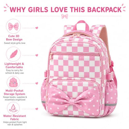 WOBAGMEN Printed Backpack for Adult Women with Bow| Water-Resistant Printed school bag, Spacious Storage for Elementary and Middle School Students（Pink Gingham） - color: Pink Gingham