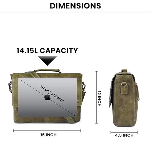 Leather Messenger Bag for Men & Women, 16'' Handmade Laptop Briefcase Satchel, Crossbody Shoulder Office Bag for Work, Travel - color: Olive