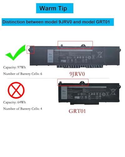 9JRV0 97Wh Battery Replacement for Dell Latitude 5521 5531 / Precision 3561 3571 3581 3591 / Alienware m17 R5 AMD/Alienware m18 R1 R2 / Alienware m18 R1 AMD Series Laptop 0P3TJ 0R05P0 05RGW - size: 10.24*3.31*0.29 inch 9JRV0