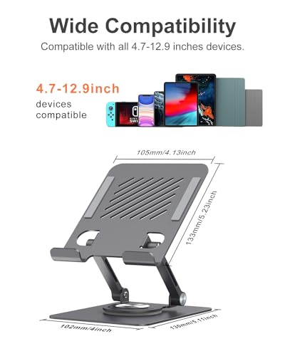 JUANWE Swivel iPad Stand for Desk, Aluminum Tablet Stand for Desk | 360 Rotating Base, Adjustable & Foldable iPad holder, Compatible with Tablets, Switch, Kindle, Phone
