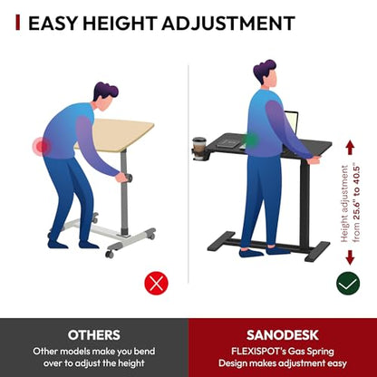 SANODESK Mobile Standing Desk with Hidden Wheels,Pneumatic Laptop Desk Rolling Computer Cart Movable Height Adjustable Small Sit Stand Desk for Home Office(31.5" W x 17.7" D, Black) - color: Black, size: 32x18