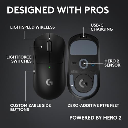Logitech Pro X Superlight 2c Wireless Gaming Mouse 51g Compact - Black | 51g compact mini size, symmetrical shape, <8 kHz polling, 44K DPI, PowerPlay wireless charging, USB-C, 5 buttons, for PC/Mac - color: Black, size: Compact, style: Mouse