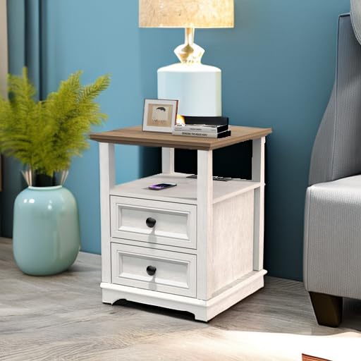 18" Wide End Table with Fast Charging Station Set of 2, 18” Wide Sofa End Table with Drawers,Storage Rustic Wood Storage Cabinet,Sofa Table for Living Room,White | 18” Wide Sofa End Table with Drawers,Storage Rustic Wood Storage Cabinet,Sofa Table for Liv
