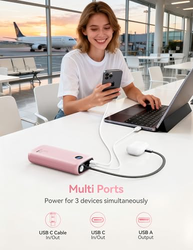 DIAMUAR Portable Charger 20000mAh 45W, Built in USB C Cable, 3W Flashlight | Fast Charging, Digital Display, 3 Ports, All-Day Power, Travel-Ready, for iPhone 17/16/15, Tablet, Laptop, Camping Essentials - color: Pink