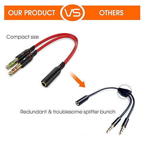 Maeline Headphone Splitter Adapter for Computer 3.5mm Female to 2 Dual 3.5mm Male Headphone Mic Audio Y Splitter Cable Smartphone Headset to PC Adapter (2 Pack, Red)
