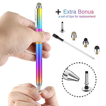 Capacitive Stylus Pen, 4-in-1 High Sensitivity and Precision Touch Screen Stylus Clear Disc Tip,Black Rubber Tip &Mesh Fiber Tip Compatible with Universal Touch Screen Device, Dreamy Rainbow - color: Dreamy Rainbow