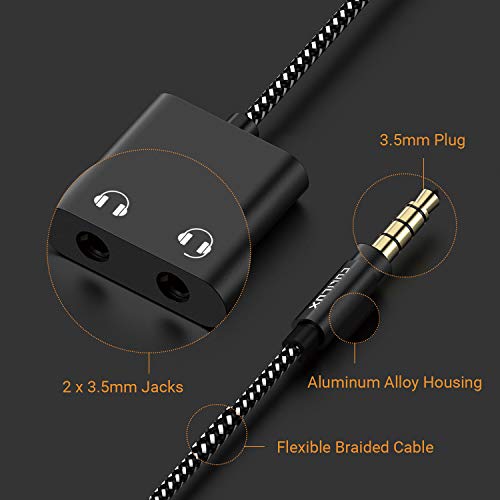 Cubilux 3.5mm to Double Audio Jack Headphone Sharing Splitter Compatible with MacBook iPad iPod, Smartphone, Computer, Laptop, Tablet, MP3, 2-Way 3.5 mm Earphone Ports Adapter, Dual Headsets Connector - color: Black