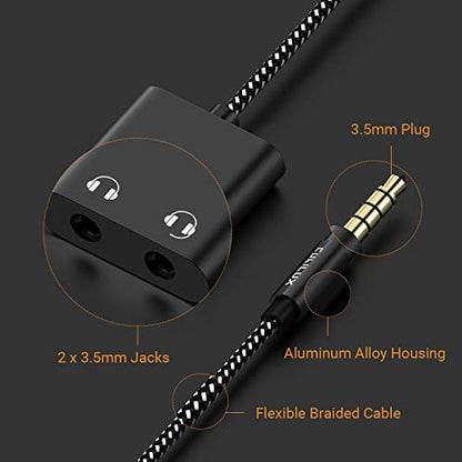 Cubilux 3.5mm to Double Audio Jack Headphone Sharing Splitter Compatible with MacBook iPad iPod, Smartphone, Computer, Laptop, Tablet, MP3, 2-Way 3.5 mm Earphone Ports Adapter, Dual Headsets Connector - color: Black