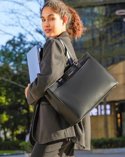 LOVEVOOK Laptop Bag Tote Bag for Women, Work Bags Teacher Tote Bag, Waterproof Leather Computer Bag, Business Laptop Purse Office Handbag Professional Briefcase, 17 Inch, Black