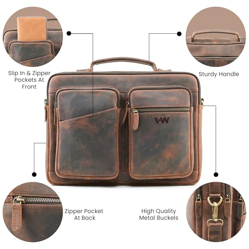 Slim Genuine Leather Briefcase For Men Fits 16 Inch Laptop Satchel 'The StatesMan' Computer Messenger Bags For Business Office Work