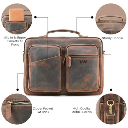 Slim Genuine Leather Briefcase For Men Fits 16 Inch Laptop Satchel 'The StatesMan' Computer Messenger Bags For Business Office Work