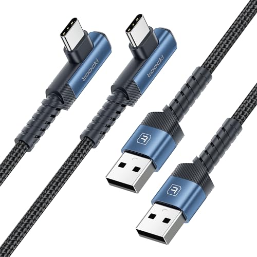 toocki USB C Cable Right Angle, 2-Pack 6.6ft USB A to USB C Charger Cable 90 Degree Braided Fast Charging Carpaly Cord for Samsung Galaxy S23/ S22+/S21+/Note 10, LG V30, Switch | Blue, 90 Degree, Braided, Fast Charging, Carpaly Cord for iPhone17 Series, S
