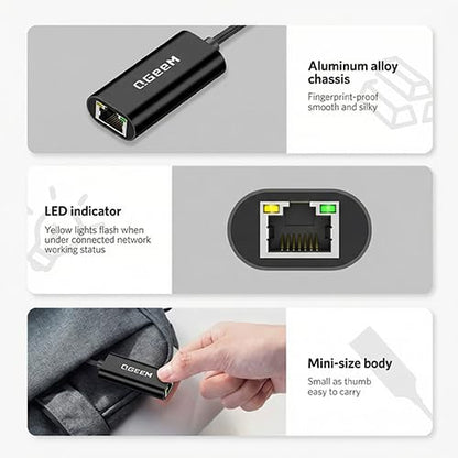 QGeeM USB C to Ethernet Adapter, 1000Mbps Gigabit RJ45 LAN Network Dongle, Thunderbolt 4/3 Compatible, Braided Nylon Aluminum Case for iPhone 17 16 15 Pro Max, MacBook Pro/Air M3 M2, iPad, XPS - Black - color: Black