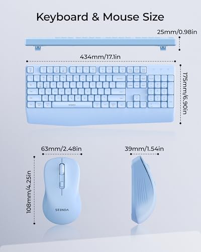seenda Wireless Bluetooth Ergonomic Keyboard Mouse Combo, Full Size, Blue | USB/Bluetooth multi-device switching, with wrist rest, number pad, and quiet operation for PC, laptop, Mac, MacBook, and iPad - color: Blue