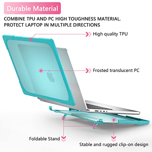 Batianda Heavy Duty Case for MacBook Pro 14 inch 2026-2021, Blue | Fits M5/M4/M3/M2/M1 Pro Max Chip, Ergonomic Foldable Stand Holds 22 lbs, Shockproof Bumper, Matte Translucent Hard Shell - color: Cyan