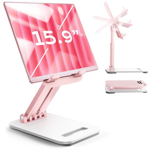 LISEN for iPad Stand Adjustable Tablet Holder Desk, iPad Accessories Pink | Foldable eBook Readers Desk Accessories Fits Kindle Stand 4-15.9" - color: Pink