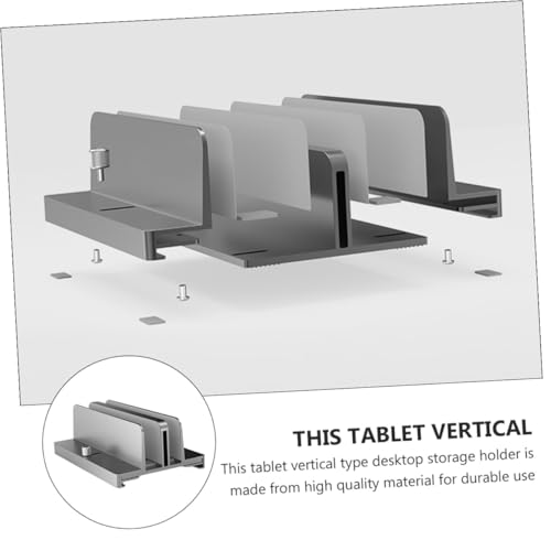 KOMBIUDA Aluminum Adjustable Dual-Slot Vertical Laptop Stand Tablet Base Holder Gray for Desk Organization and Space Saving