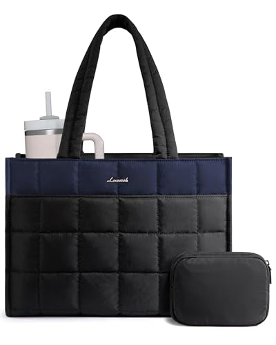 LOVEVOOK Tote Bag for Women, Puffer Work Handbag 15.6 Inch Laptop Purse for Nurse Teacher, Large Quilted Travel Tote Shoulder Bag with Zipper for College Office Clinical Gym, Dark Blue-black - color: Dark Blue-black, size: 15.6 inch