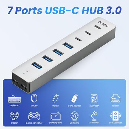 EJAY 4 Port USB3.0 and USB-C HUB for PC,Laptop,MacBook Pro etc | 7-Port USB3.0 Splitter & USB Extender, Aluminum,5Gbps,Detachable Dual Cables (4.28ft Long)