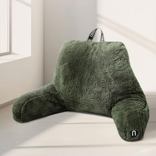 Nestl Fur Reading Pillow, Stylish Back Pillow for Bed Sitting Up, Faux Fur Bed Chair Pillow with Arms, Reading Pillows for Sitting in Bed Adult & Kids, Back Support Pillow for Bed Rest - Olive Green - color: Olive Green, size: Reading Pillow